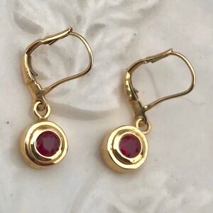 14k Gold Bezel Set Round Ruby Lever Back Dangling Earrings